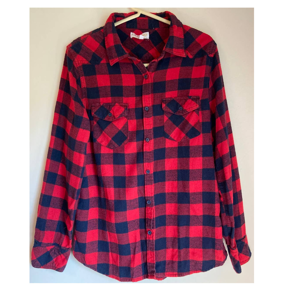 Buffalo Plaid Sono Red and Black Size L Button Down Punk Fall Autumn Flannel